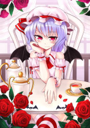 Rule 34 | 1girl, bad id, bad pixiv id, bat wings, blue hair, chonbo (artist), cowboy shot, crossed legs, female focus, flower, hat, indoors, red eyes, red flower, red rose, remilia scarlet, rose, short hair, sitting, solo, striped clothes, striped thighhighs, thighhighs, touhou, wings