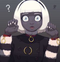 Rule 34 | 1girl, ?, black coat, black hairband, blue eyes, blunt bangs, blush stickers, buttons, coat, collar, colored skin, eyebrows, fur-trimmed sleeves, fur trim, grey background, grey skin, hairband, joakim sandberg, lips, looking at viewer, nail polish, nose, original, paw pose, portrait, red collar, short hair, solo, white hair, white nails, wide-eyed