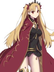 Rule 34 | 1girl, asymmetrical legwear, asymmetrical sleeves, between breasts, black thighhighs, blonde hair, breasts, cape, detached collar, earrings, elfenlied22, ereshkigal (fate), fate/grand order, fate (series), gold trim, highres, hoop earrings, infinity symbol, jewelry, long hair, long sleeves, looking at viewer, medium breasts, multicolored cape, multicolored clothes, necklace, parted bangs, red cape, red eyes, simple background, single sleeve, single thighhigh, skull, solo, spine, thighhighs, thighs, tiara, two side up, uneven legwear, uneven sleeves, white background, yellow cape