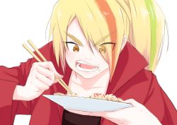 Rule 34 | 10s, 1girl, black shirt, blonde hair, bousouzoku, brown eyes, chopsticks, delinquent, eating, eyes visible through hair, food, food on face, hair over one eye, highres, holding, holding chopsticks, holding plate, jacket, long hair, multicolored hair, nikaidou saki, open mouth, oze (xyz go go11), plate, ponytail, rice, shirt, simple background, streaked hair, teeth, tongue, v-shaped eyebrows, white background, zombie, zombie land saga