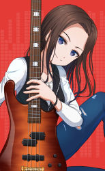 Rule 34 | 1girl, absurdres, bang dream!, black hair, black vest, blue eyes, bracelet, collarbone, denim, guitar, hand up, highres, holding, holding instrument, instrument, jeans, jewelry, long hair, long sleeves, looking at viewer, necklace, pants, red background, shirt, solo, torn clothes, torn legwear, user mhjv3253, vest, wakana rei, white shirt