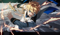 Rule 34 | 1boy, aiguillette, black border, black shirt, blonde hair, blue eyes, blue necktie, border, buttons, collared jacket, collared shirt, double-breasted, energy, feet out of frame, fighting stance, furrowed brow, hair between eyes, holding, holding sword, holding weapon, holostars, jacket, kishido temma, kishido temma (1st costume), leaning forward, legs apart, letterboxed, long sleeves, looking at viewer, male focus, necktie, open mouth, outside border, rock, saku (sakudeji), serious, shirt, short hair, solo, standing, sword, tailcoat, teeth, virtual youtuber, weapon, white jacket