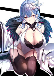 Rule 34 | 1girl, akeyama kitsune, azur lane, black garter straps, black thighhighs, blush, breasts, cleavage, coat, earrings, flower, fur-trimmed coat, fur trim, garter straps, hair flower, hair ornament, jewelry, large breasts, leotard, long hair, looking at viewer, open clothes, open coat, parted lips, purple eyes, seiza, sitting, solo, thighhighs, voroshilov (azur lane), white coat, white hair, white leotard, wide sleeves