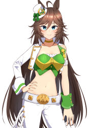 Rule 34 | 1girl, absurdres, ahoge, animal ears, armband, bare shoulders, blue eyes, blush, bow, breasts, brown hair, choker, collarbone, commentary request, cowboy shot, crop top, green bow, green shirt, hair between eyes, hand on own hip, hat, hat bow, highres, horse ears, jacket, kozikan, long hair, looking at viewer, medium breasts, midriff, mini hat, mini top hat, mr. c.b. (umamusume), navel, open clothes, open jacket, pants, partial commentary, shirt, simple background, single sleeve, smile, solo, standing, stomach, strapless, strapless shirt, top hat, umamusume, very long hair, white background, white jacket, white pants, wrist cuffs