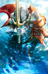 Rule 34 | 1boy, armor, artist name, blue background, cape, covered face, full armor, glint, helm, helmet, holding, holding sword, holding weapon, horocca, male focus, overlord (maruyama), pauldrons, plate armor, red cape, shoulder armor, solo, sword, touch me, weapon