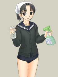 Rule 34 | cardigan, cleaning, cowboy shot, grey background, highres, one-piece swimsuit, school uniform, serafuku, simple background, solo, swimsuit, swimsuit under clothes, takafumi