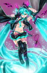 Rule 34 | 1girl, aqua eyes, aqua hair, armpits, arms up, bad id, bad pixiv id, boots, breasts, daishou, detached sleeves, female focus, gradient background, hatsune miku, headset, legs, long hair, microphone, midriff, navel, necktie, one eye closed, skirt, small breasts, solo, thigh boots, thighhighs, twintails, underboob, unzipped, very long hair, vocaloid, wink, zipper