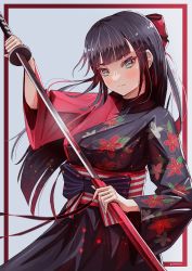 Rule 34 | 1girl, absurdres, alternate costume, aqua eyes, black hair, black skirt, blunt bangs, blush, bow, cowboy shot, floral print, frown, hair ornament, hairpin, highres, holding, holding sword, holding weapon, huge bow, japanese clothes, katana, kurosawa dia, long hair, looking at viewer, love live!, love live! sunshine!!, nail polish, notinversion, obi, perfect sekai, red bow, red nails, sash, simple background, skirt, solo, sword, twitter username, weapon, wide sleeves