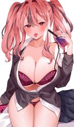 Rule 34 | 1girl, animal print, azur lane, bed sheet, black cardigan, black skirt, blush, bra, breasts, bremerton (azur lane), cardigan, cellphone, cleavage, collarbone, collared shirt, commentary, cowboy shot, cup, disposable cup, drinking straw, grey hair, hair between eyes, hand up, highres, holding, holding cup, holding phone, large breasts, leopard print, long hair, long sleeves, looking at viewer, mole, mole on breast, multicolored hair, off-shoulder shirt, off shoulder, panties, partially unbuttoned, phone, pink bra, pink eyes, pink hair, pink panties, reel (riru), shirt, sidelocks, simple background, sitting, skirt, unworn skirt, smartphone, solo, streaked hair, tongue, tongue out, twintails, two-tone hair, underwear, white background, white shirt