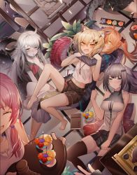 Rule 34 | 6+girls, :d, absurdres, ahoge, animal ear fluff, animal ears, arknights, black shorts, black skirt, blonde hair, blue eyes, blue poison (arknights), breasts, chinese commentary, commentary request, crocodilian tail, crop top, doctor (arknights), dutch angle, eunectes (arknights), feather hair, female doctor (arknights), finger in own mouth, fox ears, gavial (arknights), grey eyes, greythroat (arknights), highres, huge filesize, indoors, jinjide shaonian, large breasts, long hair, midriff, miniskirt, multiple girls, notched ear, open mouth, orange eyes, orange hair, out of frame, pink hair, pleated skirt, resolution mismatch, short hair, short shorts, shorts, silver hair, skirt, small breasts, smile, source larger, strapless, tail, thighhighs, thighs, tomimi (arknights), tube top, vermeil (arknights), zettai ryouiki