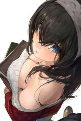 Rule 34 | 10s, 1girl, bare shoulders, black hair, blue eyes, blush, book, book stack, breast rest, breasts, carried breast rest, carrying, cleavage, downblouse, from above, from behind, hair between eyes, hairband, highres, idolmaster, idolmaster cinderella girls, jewelry, large breasts, long hair, long sleeves, looking at viewer, looking back, looking up, modare, necklace, no bra, off-shoulder, off-shoulder sweater, off shoulder, open mouth, pendant, sagisawa fumika, simple background, solo focus, sweater, white background