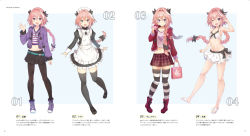Rule 34 | 1boy, :d, animal hood, apron, armpits, astolfo (fate), astolfo (memories at trifas) (fate), bag, bare arms, bare legs, bare shoulders, belt, bikini, bikini skirt, black bow, black dress, black footwear, black legwear, black skirt, blush, bow, box, braid, closed mouth, collarbone, comiket 93, commentary request, crop top, cropped jacket, cross-laced footwear, dress, fang, fate/apocrypha, fate (series), flat chest, flip-flops, footwear bow, frilled bikini, frills, front-tie top, full body, groin, hair between eyes, hair bow, hair intakes, hair over shoulder, halterneck, hand up, happy, heart, heart-shaped box, heart print, holding, holding bag, hood, hood down, hooded jacket, horizontal-striped legwear, jacket, jewelry, juliet sleeves, kusumoto touka, legs apart, long hair, long sleeves, looking at viewer, loose belt, maid, maid apron, maid headdress, male focus, mary janes, midriff, miniskirt, multicolored hair, multiple views, navel, necklace, official alternate costume, one eye closed, open clothes, open jacket, open mouth, pantyhose, parted bangs, pink hair, plaid, plaid skirt, pleated skirt, pom pom (clothes), print shirt, puffy sleeves, purple eyes, purple footwear, purple jacket, purple skirt, rabbit hood, raised eyebrows, sandals, shirt, shoes, short dress, side slit, single braid, skirt, sleeve cuffs, sleeves past wrists, smile, sneakers, standing, standing on one leg, stomach, streaked hair, striped clothes, striped legwear, striped shirt, striped thighhighs, swimsuit, text focus, thighhighs, tote bag, translation request, trap, two-tone hair, v-neck, white apron, white bikini, white bow, white footwear, white hair