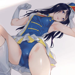Rule 34 | 10s, 1girl, armpits, band uniform, black hair, breasts, bubuzuke, commentary request, gloves, hand on own head, hat, hibike! euphonium, highleg, kousaka reina, long hair, looking at viewer, lying, medium breasts, on back, parted lips, pleated skirt, purple eyes, shiny clothes, shiny skin, skirt, sleeveless, solo, spread legs, teeth, thighs, white gloves, white legwear