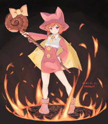 Rule 34 | 1girl, animal hat, bow, breasts, brown hair, buttons, cape, cat hat, dark background, dated, dress, fire, fire, full body, hat, highres, holding, holding staff, long sleeves, magic circle, mitarasi ranko, neenya (sennen sensou aigis), paw shoes, pink dress, pink eyes, pink footwear, pink headwear, sennen sensou aigis, short hair, small breasts, staff, standing, witch, yellow cape, yellow neckwear