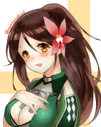 Rule 34 | 10s, 1girl, amagi (kancolle), bare shoulders, blush, breasts, brown eyes, brown hair, cleavage cutout, clothing cutout, colored eyelashes, hair between eyes, hand on own chest, kantai collection, large breasts, leaf, leaf on head, long hair, looking at viewer, mole, mole under eye, open mouth, ponytail, ryuuki (hydrangea), solo