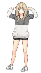Rule 34 | 1girl, arms up, bad id, bad pixiv id, black shorts, blue eyes, blush, commentary request, full body, grey hoodie, hood, hood up, hoodie, kurata rine, light brown hair, long hair, long sleeves, looking at viewer, original, parted lips, short shorts, shorts, simple background, solo, standing, white background, white footwear