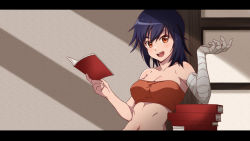 Rule 34 | 1girl, :d, bakemonogatari, bandaged arm, bandages, bandeau, bare shoulders, black hair, blush, book, book stack, breasts, brown eyes, collarbone, commentary request, highres, holding, holding book, indoors, kanbaru suruga, letterboxed, looking at viewer, medium breasts, medium hair, monogatari (series), navel, nishizuki shino, open mouth, orange bandeau, smile, solo, stomach, strapless, sunlight, tube top, upper body