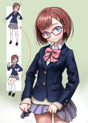Rule 34 | 1girl, arrow (symbol), black jacket, blazer, blue eyes, blush, bow, brown hair, brown sweater, character request, closed mouth, collared shirt, commentary request, diagonal-striped bow, dress shirt, glasses, grey skirt, highres, jacket, joshi kousei no mudazukai, long sleeves, multiple views, pink bow, pleated skirt, red-framed eyewear, rohitsuka, school uniform, shirt, short hair, signature, skirt, skirt hold, sleeves past wrists, smile, standing, sweater, wavy mouth, white shirt