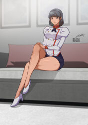 Rule 34 | 1girl, adjutant (agent aika), agent aika, aika (series), artist name, blue hair, blue skirt, breasts, brown eyes, buttons, couch, crossed legs, delmogeny uniform, full body, high heels, highres, indoors, jacket, juliet sleeves, long sleeves, looking at viewer, medium breasts, microskirt, military uniform, parted lips, puffy sleeves, rude ruin, short hair, signature, sitting, skirt, solo, thighs, twitter username, uniform, white delmo, white jacket