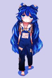 Rule 34 | 1girl, adapted costume, arms at sides, bare arms, barefoot, blue bow, blue eyes, blue hair, bow, bracelet, collarbone, full body, hair bow, hood, hood down, hoodie, jewelry, long hair, looking at viewer, overalls, parted lips, shimizu pem, short sleeves, slit pupils, solo, touhou, very long hair, walking, yorigami shion