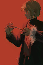 Rule 34 | 1boy, black jacket, blonde hair, closed mouth, commentary, earrings, hand chains, highres, hunter x hunter, jacket, jewelry, kurapika, long sleeves, male focus, noise, null (skev7724), profile, red background, red eyes, short hair, simple background, solo, upper body