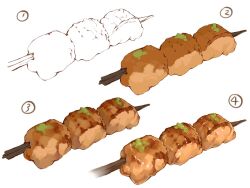Rule 34 | chicken (food), danryoku (ucrh3525), food, food focus, how to, making-of, no humans, original, realistic, simple background, skewer, still life, white background, yakitori
