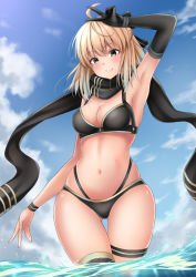 Rule 34 | 1girl, ahoge, armpits, bad id, bad pixiv id, bikini, black bikini, black bow, black gloves, black scarf, blonde hair, blue sky, bow, breasts, day, elbow gloves, fate/grand order, fate (series), gloves, hair bow, half updo, medium breasts, nakaji (user snap3353), navel, okita j. souji (fate), okita j. souji (first ascension) (fate), okita souji (fate), okita souji (koha-ace), outdoors, scarf, short hair, single elbow glove, single glove, sky, solo, swimsuit, thigh strap, v, wading