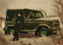 Rule 34 | 1boy, artist name, bare tree, branch, car, closed eyes, grey sky, leaning, leaning back, leaning on object, lonesomnia, motor vehicle, original, signature, sky, snow, solo, sports utility vehicle, tree, uaz-469