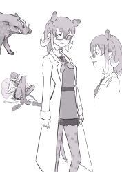 Rule 34 | 1girl, animal ears, babirusa, babirusa (kemono friends), commentary request, don3, extra ears, glasses, greyscale, kemono friends, lab coat, looking at viewer, lying, medium hair, monochrome, multicolored hair, neckerchief, pantyhose, pig ears, shirt, smile, smirk, tail