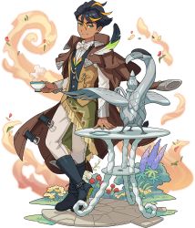 Rule 34 | 1boy, artist request, bird, black hair, blue footwear, boots, bow, bowtie, brown coat, buttons, closed mouth, coat, coat on shoulders, cup, dark-skinned male, dark skin, day, feathers, flower, fringe trim, full body, grass, green eyes, green sarong, half-closed eyes, hand up, happy, heel up, highres, holding, holding cup, knee boots, leaning, long sleeves, looking at viewer, male focus, miguel (world flipper), multicolored hair, multicolored vest, non-web source, official art, orange eyes, orange hair, outdoors, pants, petals, pocket, pocket watch, purple flower, red flower, sarong, saucer, shirt, short hair, smile, smoke, solo focus, standing, steam, streaked hair, striped bow, striped bowtie, striped clothes, striped neckwear, table, teacup, teapot, transparent background, two-tone hair, vest, watch, white flower, white neckwear, white pants, white shirt, world flipper, yellow flower
