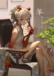 Rule 34 | 1girl, absurdres, arknights, artist name, bare legs, bare shoulders, bonsai, chair, character name, china dress, chinese clothes, chinese text, clay (clayjun), colored skin, commentary request, corrupted metadata, crossed legs, dragon girl, dragon horns, dragon tail, dress, fan over face, hand fan, hand up, highres, holding, holding fan, horns, legs, long hair, looking at viewer, multicolored hair, nian (arknights), nian (unfettered freedom) (arknights), official alternate costume, partial commentary, pointy ears, ponytail, purple eyes, red hair, red skin, sandals, silver hair, sitting, sleeveless, sleeveless dress, smile, solo, streaked hair, tail, white dress