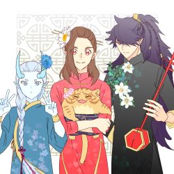 Rule 34 | 4boys, absurdres, aqua hair, blue eyes, blue flower, braid, brown hair, child, chinese clothes, double v, erhu, fengxi (the legend of luoxiaohei), flower, hair flower, hair ornament, hair over one eye, highres, holding, horn flower, leaf, luozhu (the legend of luoxiaohei), multiple boys, pointy ears, purple eyes, purple hair, red eyes, route7sdr, luo xiaohei zhanji, tianhu (the legend of luoxiaohei), upper body, v, white flower, xuhuai (the legend of luoxiaohei), aged down