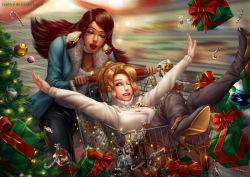 Rule 34 | 2girls, artist name, black hair, black pants, blonde hair, blue coat, blue eyes, boots, bow, box, braid, breasts, brown eyes, brown hair, candy, candy cane, christmas, christmas lights, christmas tree, coat, commentary, dark-skinned female, dark skin, deviantart username, eye of horus, facial mark, facial tattoo, food, gift, gift box, hair tubes, high heel boots, high heels, interracial, long hair, long sleeves, medium breasts, mercy (overwatch), multiple girls, nose, one eye closed, open clothes, open coat, open mouth, overwatch, overwatch 1, pants, parted lips, peppermint, pharah (overwatch), raphire, red bow, red lips, shirt, shopping, shopping cart, short hair, side braids, sweater, tattoo, thigh boots, thighhighs, turtleneck, turtleneck sweater, watermark, web address, white shirt, white sweater, winter, wrapped candy