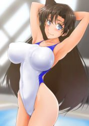 Rule 34 | 1girl, absurdres, armpits, blue eyes, blurry, blurry background, breasts, brown hair, competition swimsuit, covered erect nipples, cowboy shot, highleg, highleg swimsuit, highres, impossible clothes, impossible swimsuit, indoors, large breasts, long hair, meitantei conan, mouri ran, nanashi noiji, one-piece swimsuit, presenting armpit, rei no pool, solo, swimsuit, two-tone swimsuit, white one-piece swimsuit