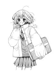 Rule 34 | 1girl, absurdres, artist name, bag, blush, collared shirt, commentary request, cowboy shot, cropped legs, crosshatching, dated, fingernails, hatching (texture), highres, holding, holding bag, jacket, kinoshita honoka, linear hatching, long sleeves, looking at viewer, necktie, open clothes, open jacket, open mouth, original, padded jacket, pleated skirt, puffy long sleeves, puffy sleeves, school uniform, shirt, short sleeves, simple background, skirt, sleeves past wrists, smile, solo, sweater vest