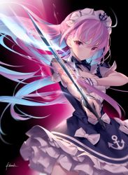 Rule 34 | 1girl, ahoge, anchor symbol, aura, blue hair, blush, braid, breasts, cleavage, colored inner hair, cowboy shot, dress, expressionless, floating hair, french braid, hair ribbon, highres, holding, holding sword, holding weapon, hololive, kousaki rui, long hair, looking at viewer, maid, maid headdress, medium breasts, minato aqua, minato aqua (1st costume), multicolored hair, pink eyes, pink hair, ribbon, serious, short sleeves, signature, solo, sword, twintails, two-tone hair, virtual youtuber, weapon, wind