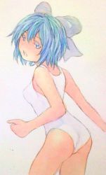 Rule 34 | 1girl, ass, blue eyes, bow, breasts, cirno, clenched hand, cowboy shot, from behind, from side, grey background, hair bow, highres, leaning forward, looking at viewer, looking back, one-piece swimsuit, open mouth, painting (medium), short hair, small breasts, solo, swimsuit, touhou, traditional media, watercolor (medium), white one-piece swimsuit, yuyu (00365676)