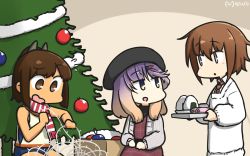 Rule 34 | 3girls, apron, beret, black hat, brown eyes, brown hair, christmas lights, christmas tree, commentary request, dated, dress, feet out of frame, food, gradient hair, grey jacket, hair ornament, hairclip, hamu koutarou, hat, highres, i-401 (kancolle), jacket, kantai collection, kappougi, medium hair, multicolored hair, multiple girls, necktie, one-hour drawing challenge, one-piece swimsuit, onigiri, orange hair, orange sailor collar, plaid, plaid dress, ponytail, purple eyes, purple hair, red neckwear, sailor collar, scarf, school swimsuit, short hair, short ponytail, sidelocks, sitting, striped clothes, striped scarf, swimsuit, swimsuit under clothes, tsushima (kancolle), wakaba (kancolle)
