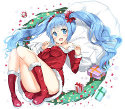 Rule 34 | 1girl, bad id, bad pixiv id, blue eyes, blue hair, blush, boots, christmas, fur boots, gift, hatsune miku, long hair, matching hair/eyes, open mouth, red footwear, sack, santa boots, santa costume, solo, twintails, vocaloid, wreath