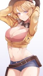 Rule 34 | 1girl, absurdres, arms up, belt, blonde hair, blue eyes, blue shorts, breasts, brown belt, brown gloves, cidney aurum, cleavage, commentary request, cropped jacket, final fantasy, final fantasy xv, gloves, goggles, goggles around neck, gradient background, grey background, highres, jacket, large breasts, looking at viewer, midriff, navel, short hair, shorts, smile, solo, sweat, thighs, tokufumi, white background, yellow jacket