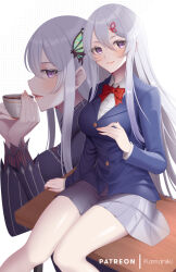 Rule 34 | 2girls, bow, breasts, butterfly hair ornament, buttons, collar, collared shirt, cup, desk, dotted background, ears, echidna (re:zero), eyebrows, eyelashes, grey hair, hair between eyes, hair ornament, highres, holding, holding cup, kamaniki, large breasts, long hair, looking at viewer, multiple girls, on desk, patreon username, re:zero kara hajimeru isekai seikatsu, school uniform, shirt, simple background, sitting, on desk, skirt, teacup, thighs, very long hair, white background