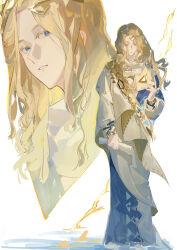 Rule 34 | 1boy, 6 (reverse:1999), absurdres, ancient greek clothes, blonde hair, blue eyes, circlet, curly hair, full body, greco-roman clothes, hand up, highres, himation, holding, holding scroll, long hair, looking at hand, looking at viewer, male focus, meiyou lizhi, multiple views, parted lips, reverse:1999, scroll, standing, straight-on, triangle, upper body, white background