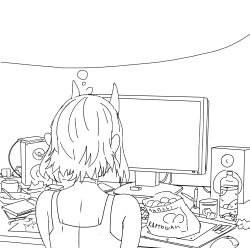 Rule 34 | 1girl, arsenixc, bad id, bad twitter id, blank speech bubble, bottle, chips (food), cup, drawing tablet, food, from behind, greyscale, highres, horns, horny (arsenixc), keyboard (computer), lineart, monitor, monochrome, mouse (computer), original, pencil, plate, pointy ears, shirt, short hair, sitting, sleeveless, sleeveless shirt, solo, speaker, speech bubble, stylus, table, template, thought bubble, wacom, water bottle, webcam