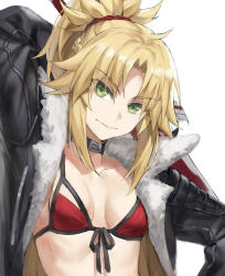 Rule 34 | 1girl, bikini, black jacket, blonde hair, braid, breasts, clarent (fate), collar, collarbone, fate/apocrypha, fate/grand order, fate (series), french braid, green eyes, highres, jacket, long hair, long sleeves, looking at viewer, mordred (fate), mordred (fate/apocrypha), open clothes, open jacket, parted bangs, ponytail, red bikini, sidelocks, small breasts, smile, solo, swimsuit, sword, tonee, weapon