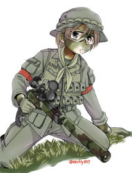Rule 34 | 1girl, armband, brown hair, ebifly, facepaint, gloves, goggles, grass, grey gloves, grey jacket, grey pants, gun, hair between eyes, helmet, holding, holding gun, holding weapon, jacket, kneeling, long sleeves, military, neckerchief, original, pants, pouch, rifle, scope, short hair, simple background, sniper rifle, soldier, solo, trigger discipline, twitter username, vest, weapon, white background