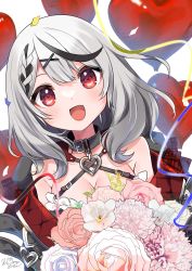 Rule 34 | 1girl, absurdres, balloon, bare shoulders, black hair, braid, breasts, collar, commentary request, confetti, fang, flower, grey hair, hair ornament, heart balloon, highres, hololive, looking at viewer, multicolored hair, off shoulder, open mouth, red hair, sakamata chloe, shinomiya shino (sinosino141), skin fang, solo, virtual youtuber, x hair ornament