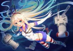Rule 34 | 10s, 1girl, :d, alternate eye color, anchor hair ornament, aqua eyes, blonde hair, elbow gloves, gloves, gradient hair, hair ornament, hairband, kantai collection, lifebuoy, long hair, looking at viewer, multicolored hair, open mouth, outstretched arms, pleated skirt, rensouhou-chan, revision, school uniform, serafuku, shimakaze (kancolle), skirt, smile, spread arms, striped clothes, striped thighhighs, swim ring, thighhighs, turret, very long hair, zettai ryouiki, zimajiang
