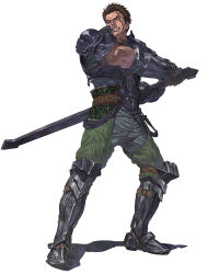Rule 34 | 1boy, arm guards, armor, arngrim, boots, facial mark, fighting stance, from above, full body, greatsword, holding, holding sword, holding weapon, knee boots, knee pads, male focus, muscular, official art, open clothes, open vest, pants, scar, short hair, shoulder pads, simple background, solo, sword, valkyrie profile (series), vest, weapon, white background, yoshinari kou, yoshinari you