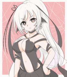 Rule 34 | 1girl, animal ears, aquaplus, black eyes, breasts, bright pupils, chain, choker, cleavage, earrings, gradient eyes, hair between eyes, hand on own hip, high ponytail, highres, jewelry, kuon (utawarerumono), kuon tenshi, large breasts, long hair, looking at viewer, midriff, multicolored eyes, perari0510, ponytail, revision, rinne, sidelocks, sleeveless, solo, spoilers, swept bangs, upper body, utawarerumono, utawarerumono: futari no hakuoro, utawarerumono: lost flag, very long hair, white hair, white pupils