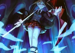Rule 34 | 1girl, blonde hair, feet out of frame, green eyes, green necktie, holding, holding scythe, long hair, long sleeves, looking at viewer, maka albarn, necktie, plaid, plaid skirt, pleated skirt, scythe, skirt, smile, solo, soul eater, striped necktie, twintails
